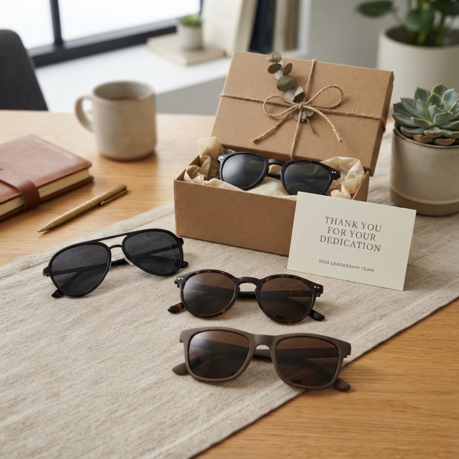 Gafas de sol de diseño presentadas como regalo corporativo sobre un escritorio con caja de regalo y tarjeta de agradecimiento